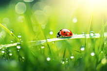 Ladybug Running Along The Green Wet Grass. Fresh Juicy Young Grass In Droplets Of Morning Dew And A Ladybug In Summer Spring On A Leaf Macro.
