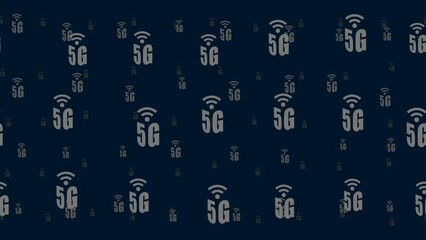 Poster - 5G symbols float horizontally from left to right. Parallax fly effect. Floating symbols are located randomly. Seamless looped 4k animation on dark blue background