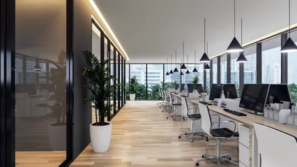 Wall Mural - Animation of modern contemporary office interior with city view 3d render, There are wooden floor furnished with white chair and wooden table large windows overlooking cityscape outside.