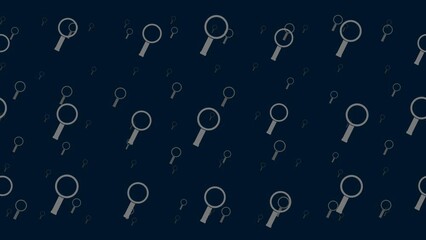 Poster - Magnifier symbols float horizontally from left to right. Parallax fly effect. Floating symbols are located randomly. Seamless looped 4k animation on dark blue background