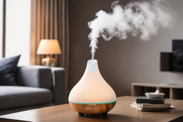 aroma oil diffuser with rising steam flow on table in living room.