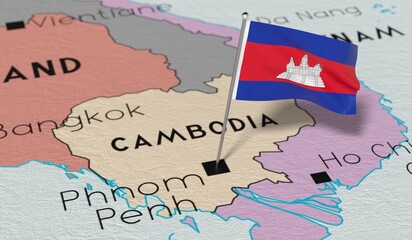 Sticker - Cambodia, Phnom Penn - national flag pinned on political map - 3D illustration