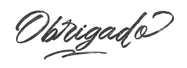 Poster - Portuguese word Obrigado (thank you) written in brush script font with marker ink effect isolated on transparent background