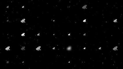 Poster - Template animation of evenly spaced frog symbols of different sizes and opacity. Animation of transparency and size. Seamless looped 4k animation on black background with stars