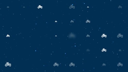 Poster - Template animation of evenly spaced tractor icons of different sizes and opacity. Animation of transparency and size. Seamless looped 4k animation on dark blue background with stars