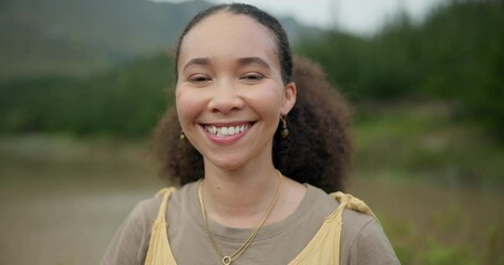 Poster - Nature, smile and face of young woman on a vacation, weekend trip or adventure in a forest. Happy, travel and portrait of African female person with positive and good attitude for outdoor adventure.