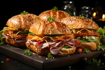 Wall Mural - Deli sandwiches with turkey, dramatic studio lighting and a shallow depth of field. Placed on a reflective black surface.no.01