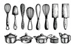 Set of kitchen utensils for cooking vintage-style hand-drawn design, illustration