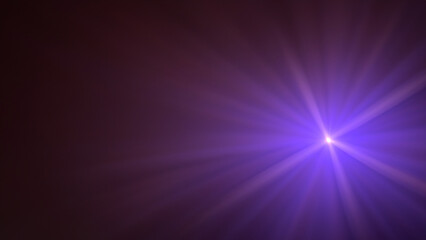 Purple flash light on dark background. Violet glowing light. Sun burst effect. Digital lens flare effect. Abstract purple background