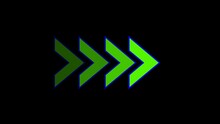 Flashing Neon Icon To The Right Arrow. Green And Blue Color Right Chevron Arrow. Right Arrow. Arrow Sign. Safety Type. Neon Futuristic Arrow Sign. Isolated On Black Background.