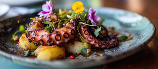 Wall Mural - Octopus grilled and served with potato, adorned with flowers.