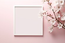 Mockup Poster Frame Close Up, 3d Render Minimalist Top Shot, New Year Theme, Cherry Blossom Branches Concept