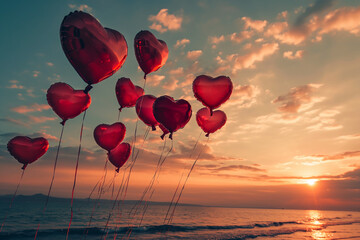 Wall Mural - heart shaped balloons on the beach at sunrise. Image for valentine's day, wedding, birthday or love message cards.