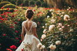 a beautiful woman in bridal dress walking in maze rose garden