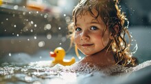 Portrait Of Toddler Girl In Bath Tub Bathing In Water With Rubber Duck Toy