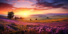 Captivating Panoramic Sunset Over A Field Of Purple Wildflowers And Grass, With The Golden Sun Casting A Vibrant Glow On The Picturesque Landscape