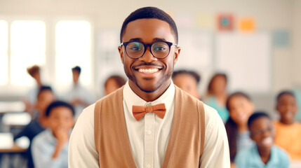 Wall Mural - Portrait of a smiling African American male teacher, with students in the background. AI generated.