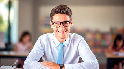 Wall Mural - Portrait of a male teacher smiling, with students in the background. AI generated.