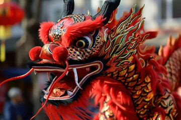 Chinese Red silk mascot dragon during street celebrations, Year of the dragon Chinese new year 2024, China lunar new year zodiac celebration asian cultural event gong xi fa cai 