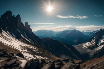 A panoramic view of a mountain range, with layers of peaks fading into the distant horizon.