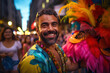 37-year-old Brazilian man in Rio de Janeiro, wearing a vibrant, carnival-inspired skirt at a festive street event