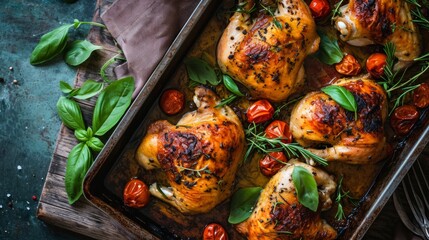 Wall Mural - Roasted chicken cut varied in baking tray with basil and rosemary, top view, flat lay. Delicious home cooking.