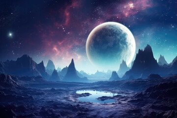 Wall Mural - a deep space landscape with a distant planet, stars and galaxies