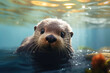 A baby otter swimming in a river, its fur glistening in the sunlight and its eyes wide with curiosity