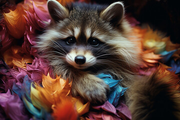 Poster - A raccoon with fur made of rainbows.
