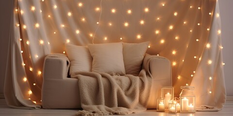 Poster - A cozy blanket fort with fairy lights for a romantic evening , cozy blanket fort, fairy lights, romantic