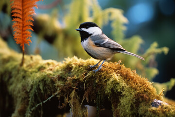 Poster - A Black-capped Chickadee, a small bird with a black crown, gathering insects among the moss-covered branches.