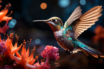 Poster - A Hummingbird suspended mid-air, its iridescent feathers shimmering as it hovers near a vibrant flower.