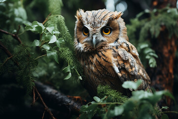 Aufkleber - A Mottled Owl nestled among the branches, its mottled brown and white feathers blending perfectly with the bark.