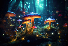 A Magical Forest, Filled With Glowing Mushrooms And Mysterious Plants