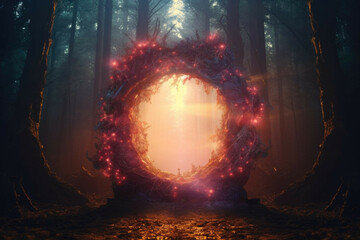 Wall Mural - a magical portal in a forest, with a bright light coming from inside and colorful mist surrounding i