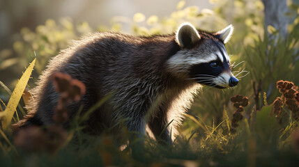 Wall Mural - An ultra-detailed image of a pet raccoon exploring a sunlit meadow, showcasing the intricate details of its fur and the openness of the natural environment. Use natural lighting to enhance the realism