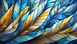 AI-generated illustration of an artistic stained glass mosaic of feathers in shades of blue and gold