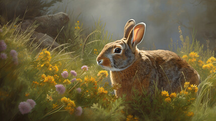 Wall Mural - A hyper-realistic image of a pet rabbit surrounded by rolling hills and wildflowers, capturing the bunny's fur details and the openness of the idyllic meadow. Utilize natural light to enhance the real