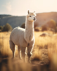 Wall Mural - A highly detailed image of a pet llama standing gracefully in a spacious, sunlit field, capturing the fine details of its fur and the openness of the natural setting. Utilize natural light to emphasiz