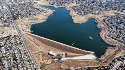 Poster - aerial photo of a scenic reservoir, near a city of other parts of the country