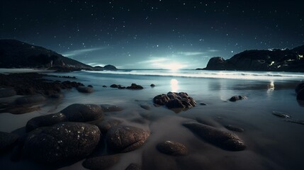 Wall Mural - AI illustration of a night sky illuminated by the stars and a full moon over a beach of rocks.