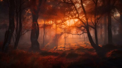 Sticker - AI illustration of A stunning sunrise in a foggy forest.