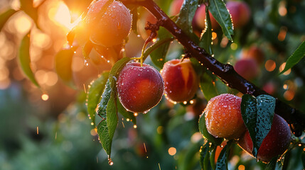 Poster - AI generated illustration of a peach tree branch in the morning light