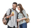 Beautiful happy young couple using smartphone isolated transparent PNG. Joyful smiling woman and man looking at mobile phone. Love, travel, tourism, students lifestyle concept
