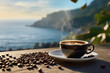 Espresso Coffee Cup with Beans on a Vintage Table with a View of a Beach
