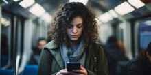 Girl Looking At Smartphone In Subway Car Generative AI