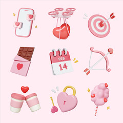 Poster - 3d icon set of Valentine's day ,Hearts, sweet chocolate and gifts, Valentine's Day Concept.3d rendering illustration. Clipping path.
