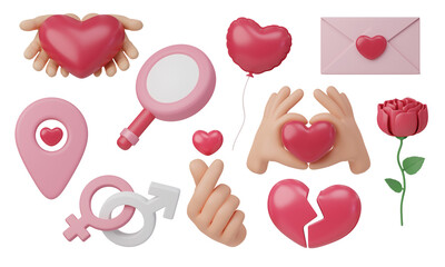 Poster - 3d icon set of Valentine's day ,Hearts, sweet chocolate and gifts, Valentine's Day Concept.3d rendering illustration. Clipping path.