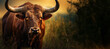 Bison roam freely in the forest. Wildlife concept with copy space