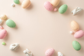 Wall Mural - Easter charm arrangement unfolds in this top-view snapshot. Classic quail eggs, a sweet ceramic bunnies on a pastel beige canvas with frame for your text or promotion